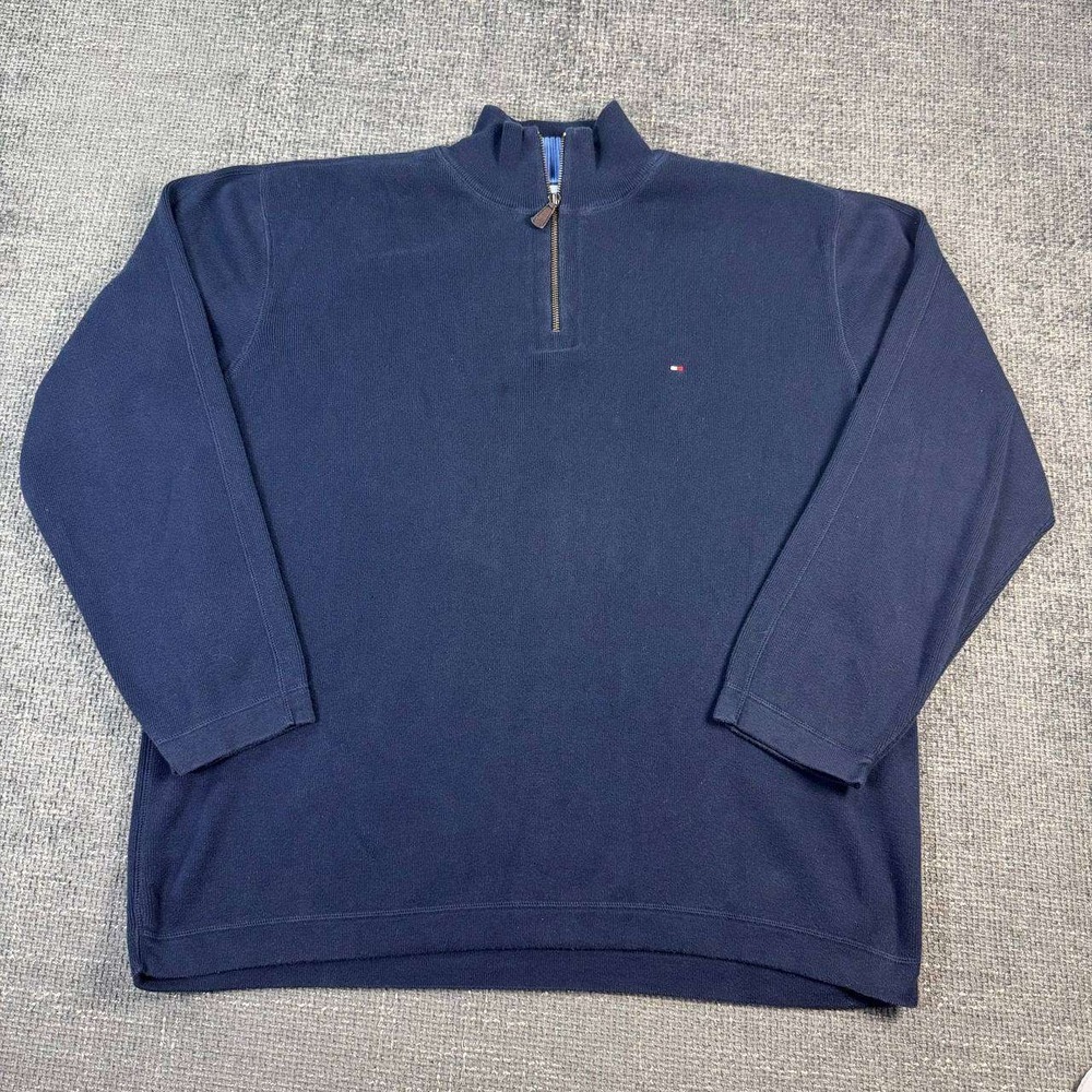 Tommy Hilfiger Quarter Zip Sweater Mens XL Navy Blue Ribbed Mock Neck Pullover